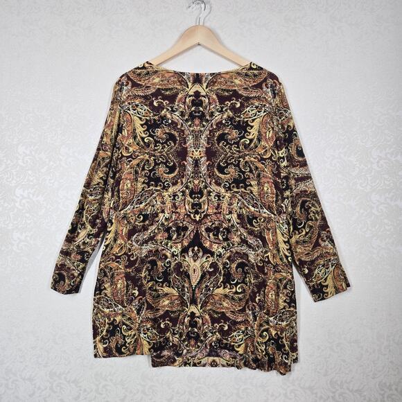 J Jill Blouson Tunic Top Petite L Brown Multicolor Side Slits 3/4 Sleeve Boho - Picture 6 of 12